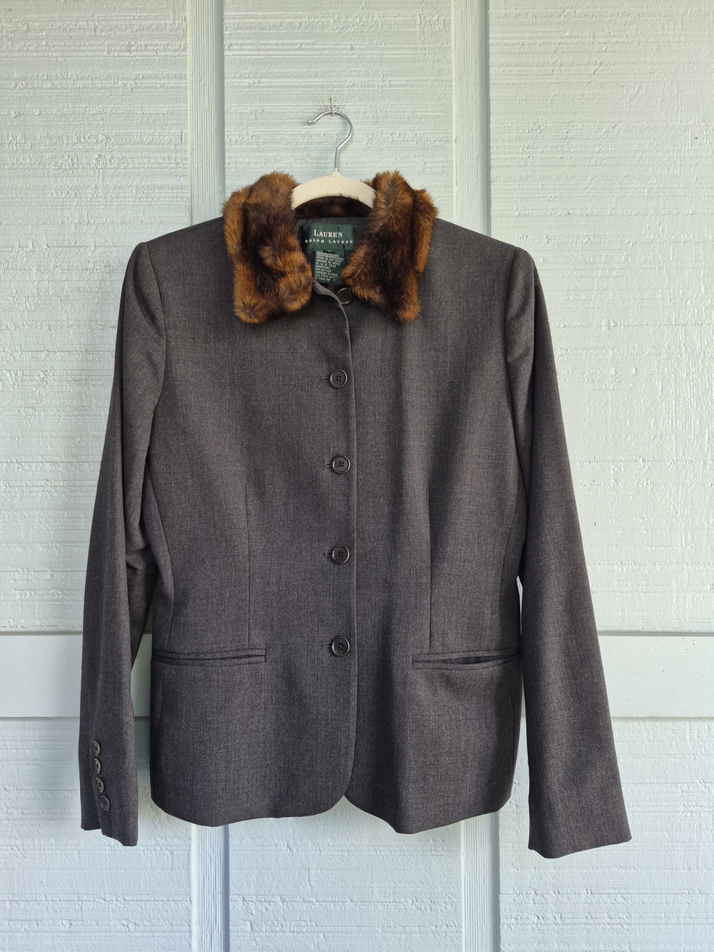 Lauren Ralph Lauren Gray Wool Blazer with Faux Fur Brown Collar